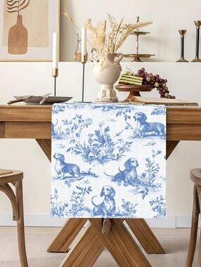 NEW! Blue Toile Dachshund Table Runner 13x72